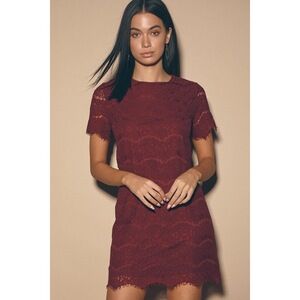 Lulus Take Me To Brunch Burgundy Lace Shift Dress Red - Size XS